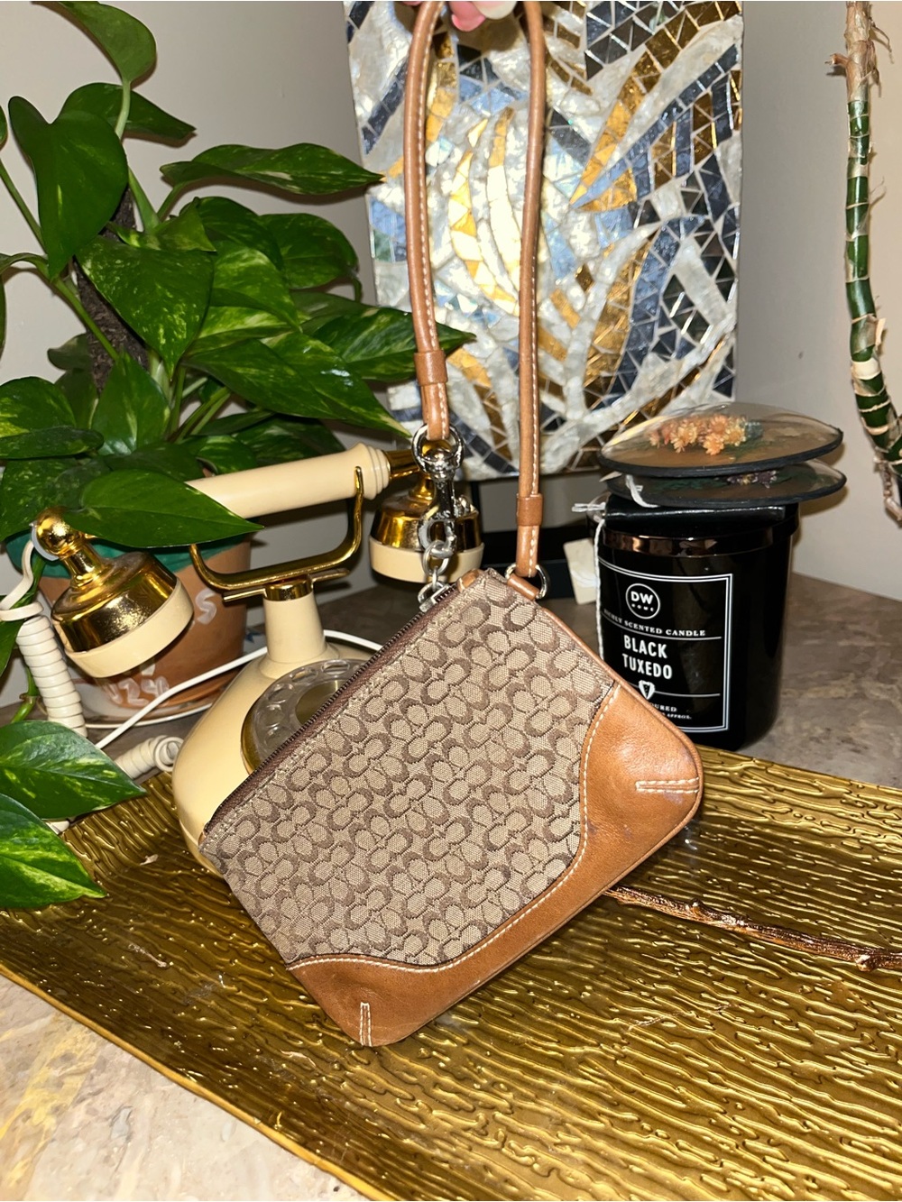 Coach Brown Signature Canvas Crossbody with Tan Leather Trim